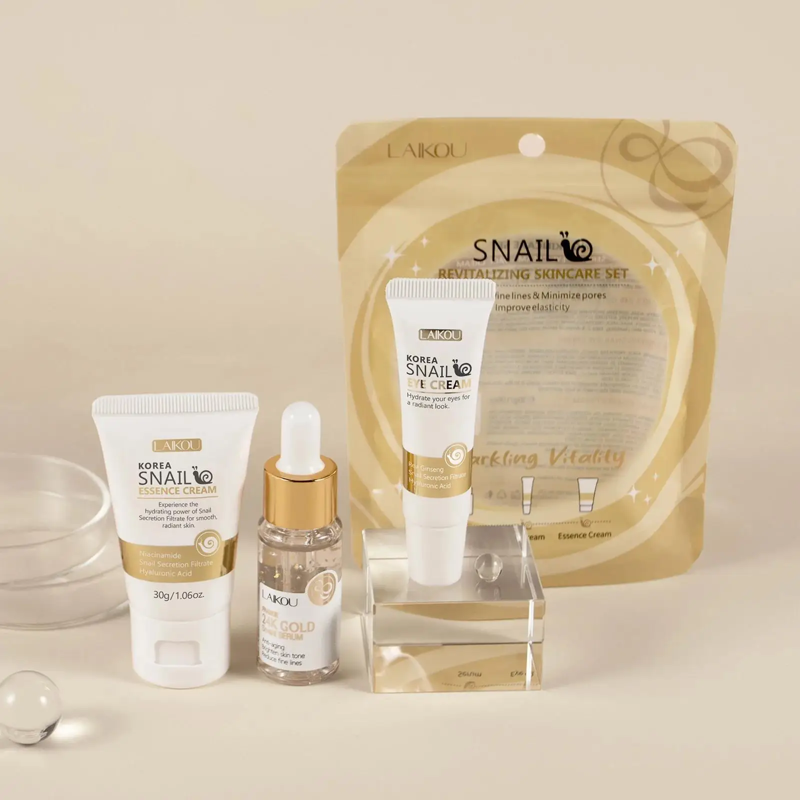 Luxury Skincare For Women - 24Kゴールドスネイルリペアセラムアイクリームエッセンスセット 保湿、小じわを滑らかに、毛穴を小さくする 高級スキンケア